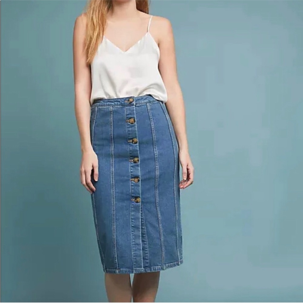 Anthropologie PILCRO Blue Button-Front Denim Midi Skirt size 12